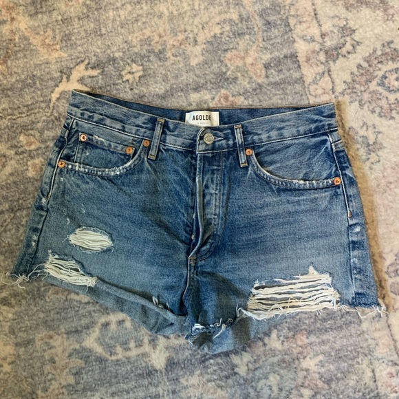 Agolde Blue Distressed Jean Shorts - Picture 1 of 9